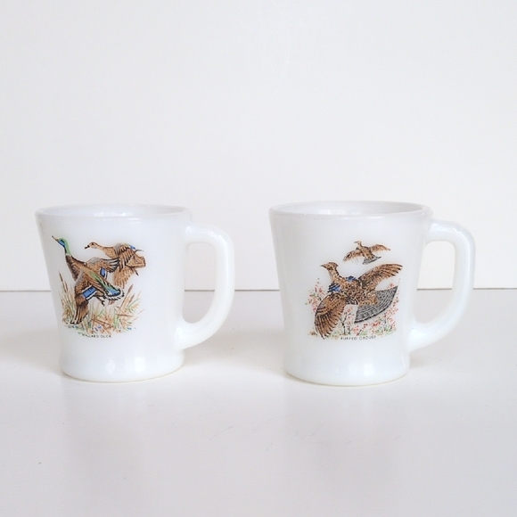 Fire King White Milk Glass Mallard Duck & Ruffed‎ Grouse Bird Mugs - Coffee Tea - Picture 1 of 7